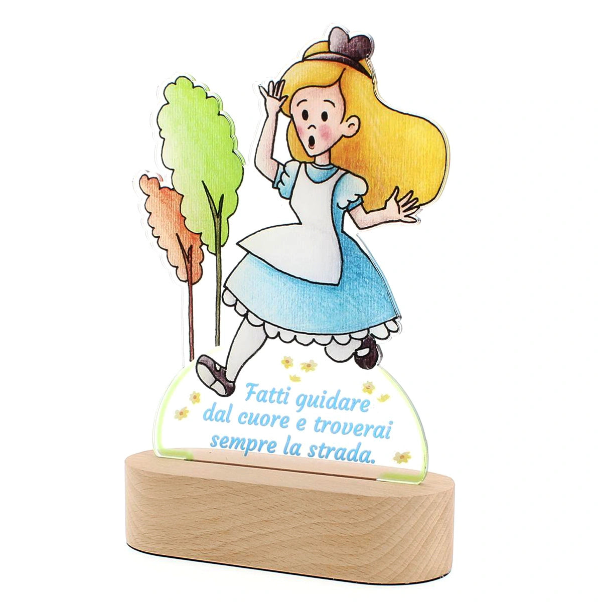 Lampada LED con Sagoma di Alice su Base in Legno - Estego