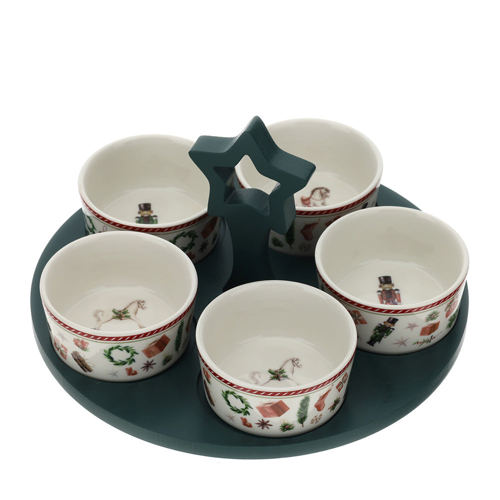 Set di 5 Ciotole Natalizie in Ceramica con Vassoio 25 cm - Hervit
