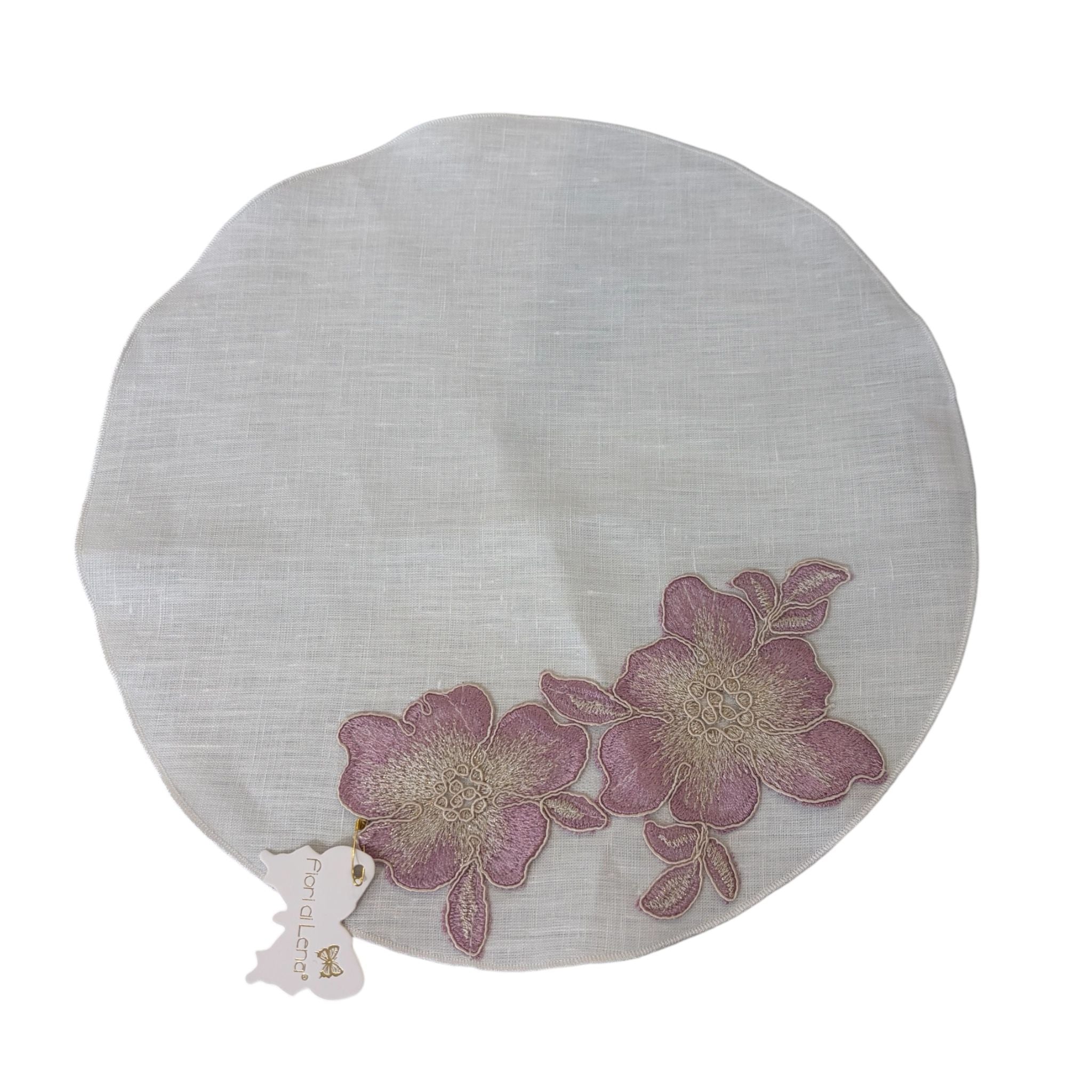 Centrino Artigianale in Lino con Fiore di Pizzo Lilla 30 cm - Fiori di Lena