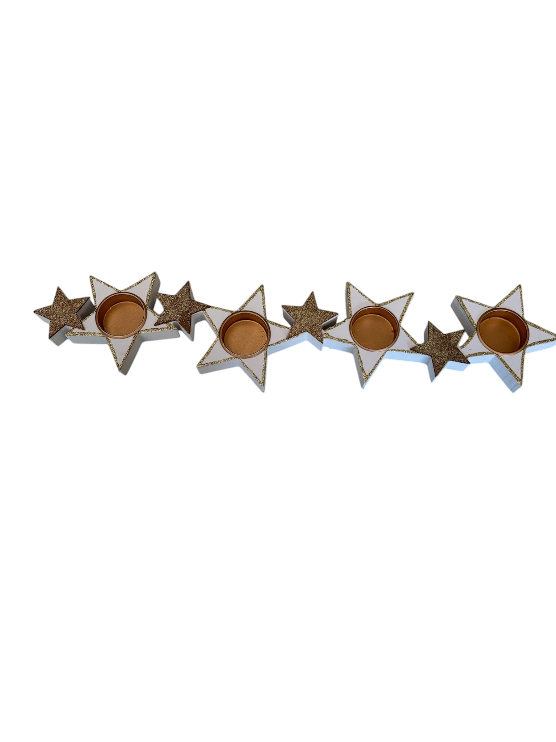 Porta Candele in Legno Bianco a Forma di Stelle con Dettagli Oro - 4 Fuochi