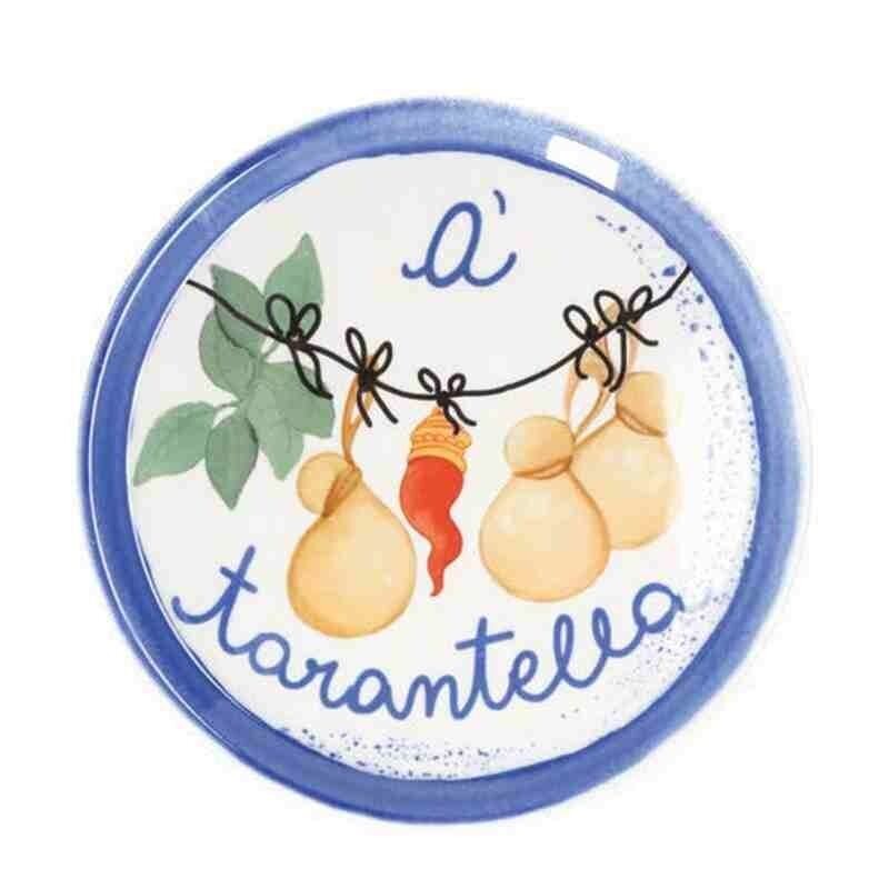 Piatto Pizza in Porcellana con Decoro Blu e Frase "A Tarantell" – Rose e Tulipani