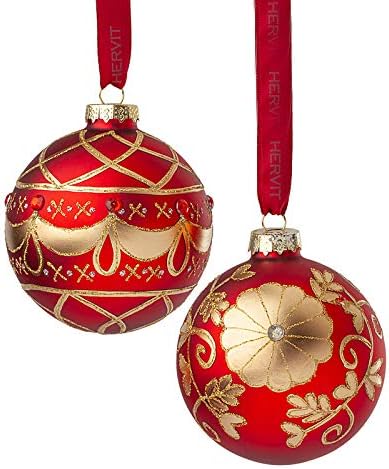 Box 2 Sfere di Natale in Vetro Rosso Opaco con Decori Oro Satinati - Hervit