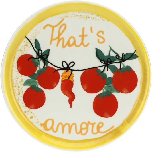 Piatto Pizza in Porcellana con Decoro Giallo e Frase "That's Amore" – Rose e Tulipani