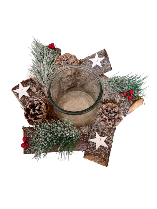 Centrotavola Country in Legno con Vaso in Vetro e Decorazioni Natalizie