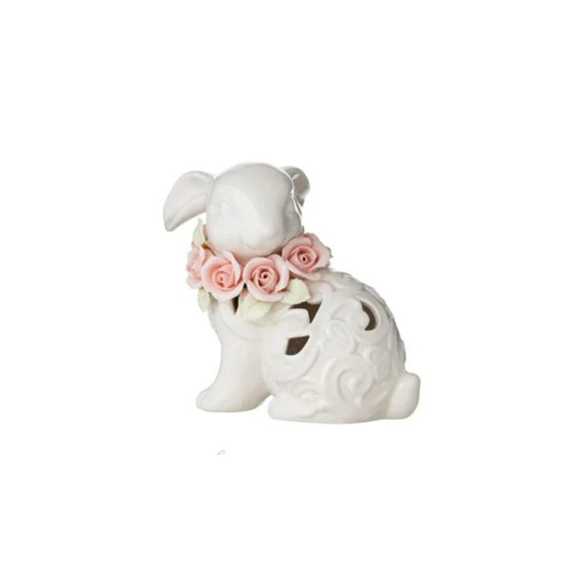Coniglietto in Porcellana Traforata con Rose 10.5X16X14H cm - L'arte di Nacchi