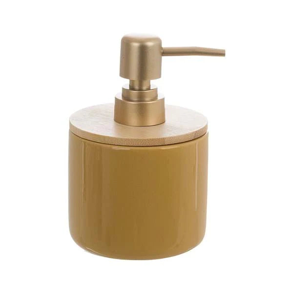 Dispenser Sapone in Ceramica Giallo Ocra con Base in Legno – Blanc MariClò