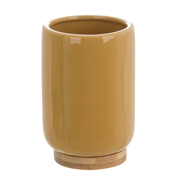 Porta Spazzolino in Ceramica Giallo Ocra con Base in Legno – Blanc MariClò