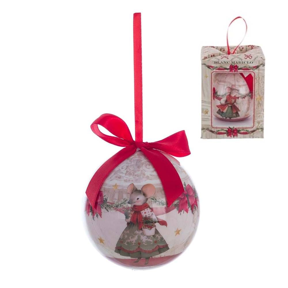 Sfera Decorativa con Stampa Natalizia e Fiocco Rosso  Ø 10 cm - Blanc Mariclò