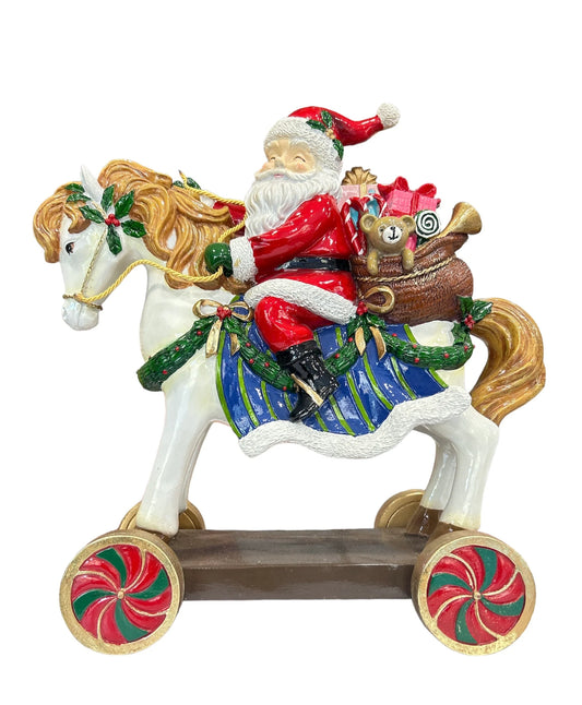 Babbo Natale a Cavallo con Sacco di Doni su Ruote 38 h cm