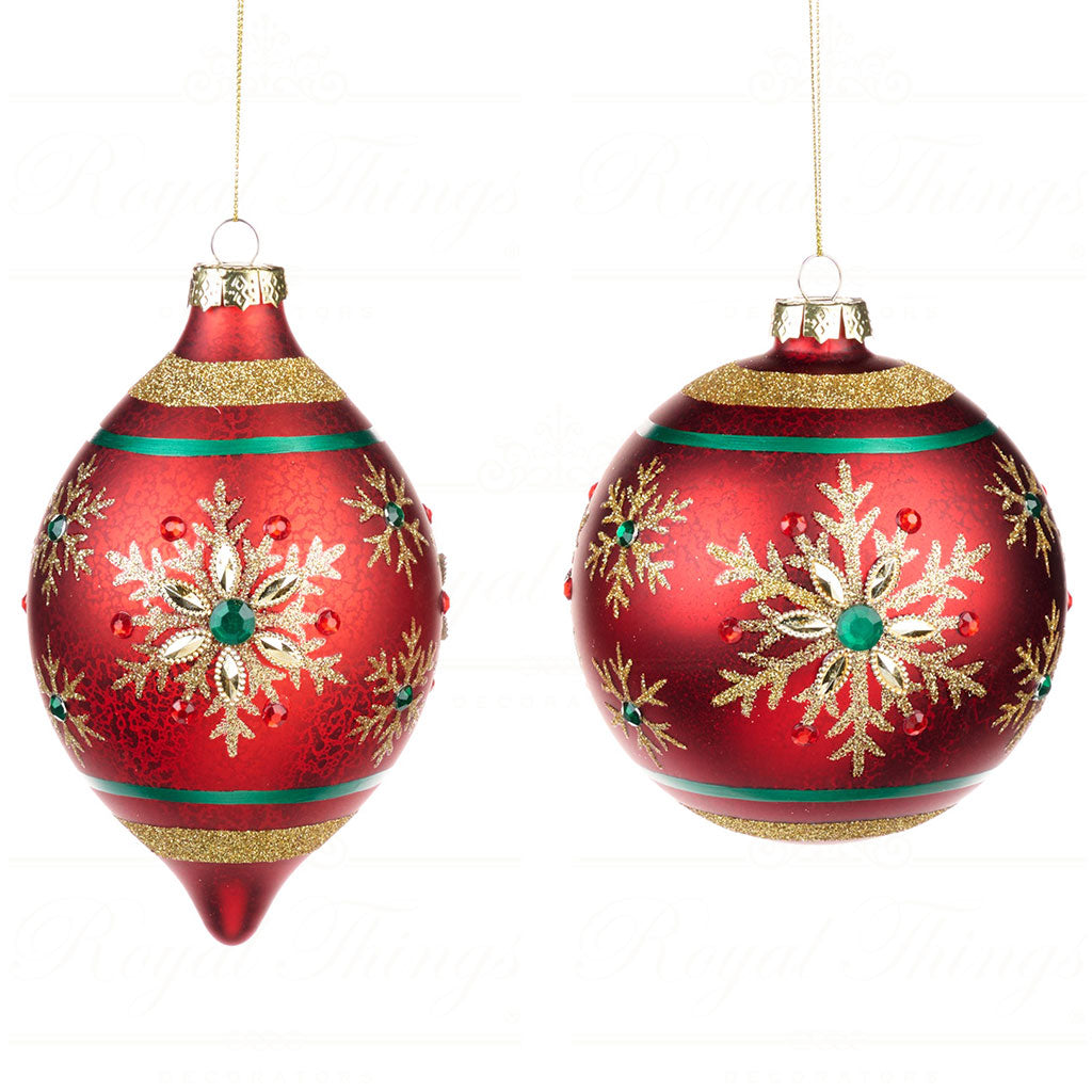 Decorazione in Vetro Rosso con Fiocchi di Neve Oro 12 cm - Goodwill