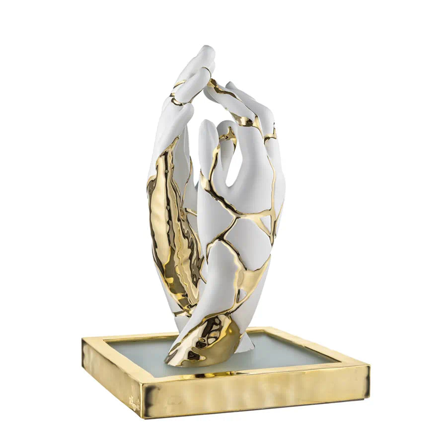 Lampada LED Due Mani in Marmolino con Base Oro H 36 cm - Bongelli Preziosi