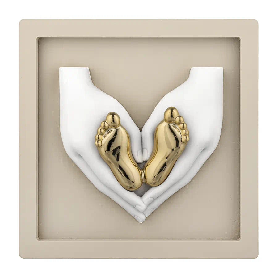 Quadretto con Mani e Piedini Baby Nocciola e Oro 16x16 cm - Bongelli Preziosi