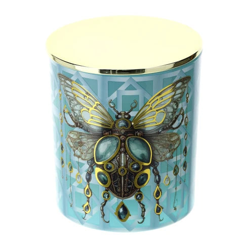Candela Profumata Oud in Vetro con Decori Assortiti e Tappo Oro Ø9x10 cm 300 g - Hervit