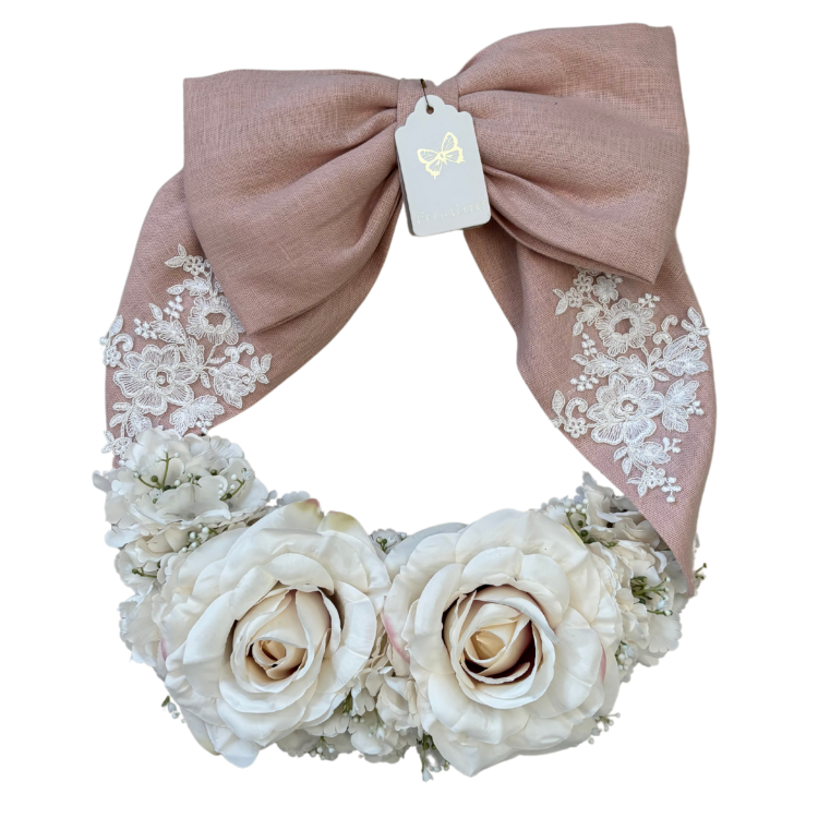 Ghirlanda con Fiocco in Tessuto e Rose Bianche