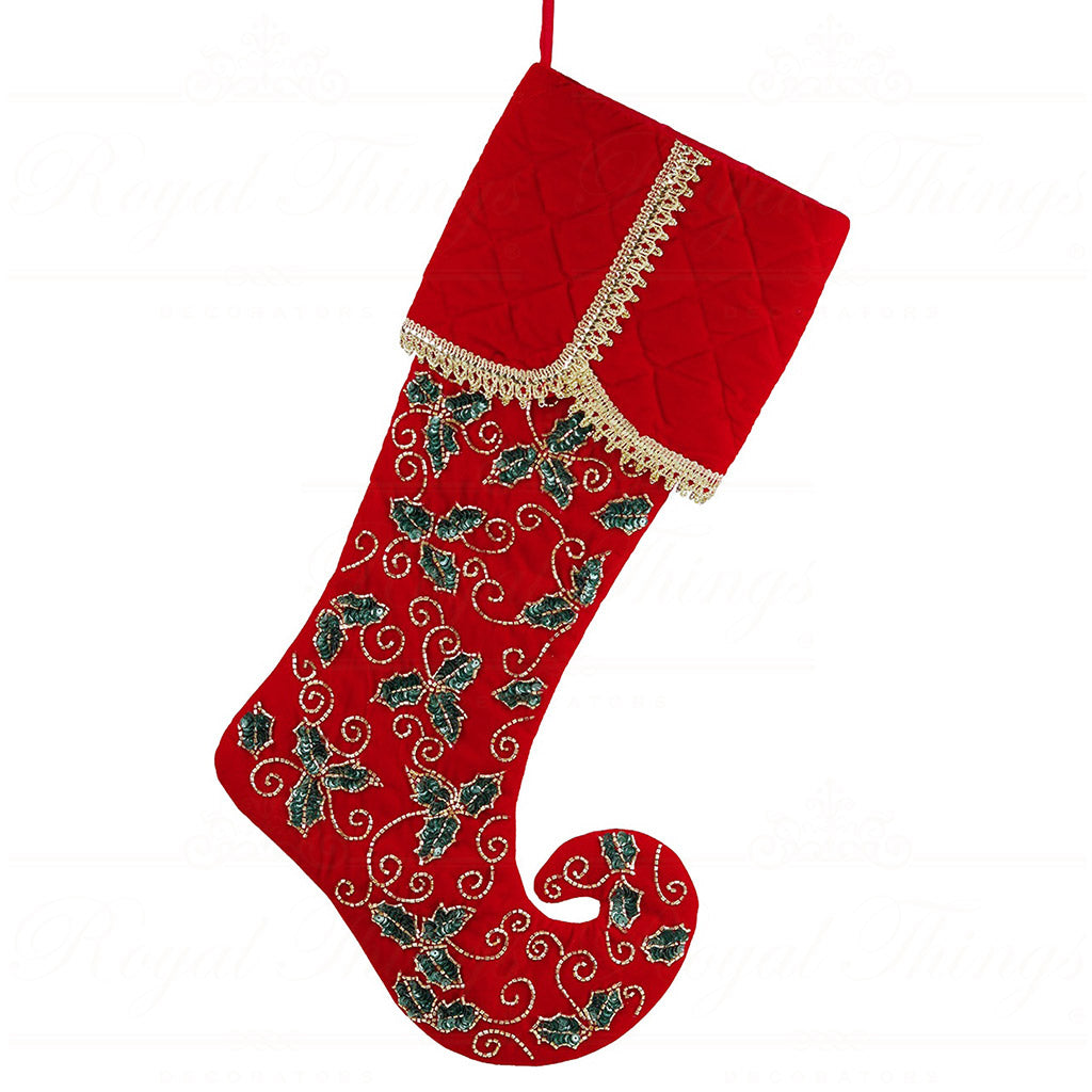 Calza Portadonni in Velluto Rosso con Paillettes Verdi e Dettagli Oro 50 cm- Goodwill