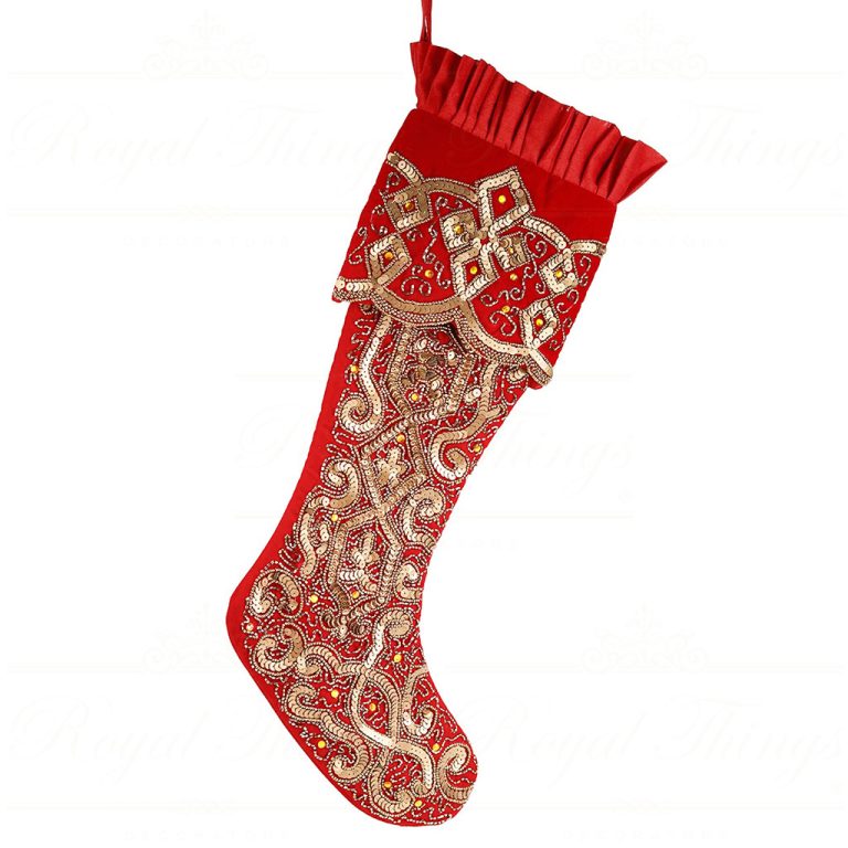 Calza Portadonni in Velluto Rosso con Ricami in Paillettes Oro 58 cm- Goodwill