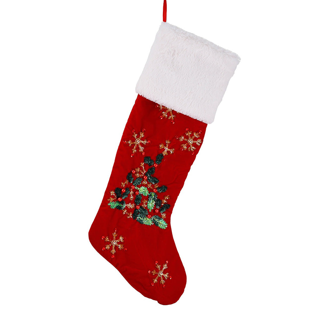 Calza Natalizia in Velluto Rosso con Agrifoglio e Fiocchi di Neve 57 cm  – Goodwill