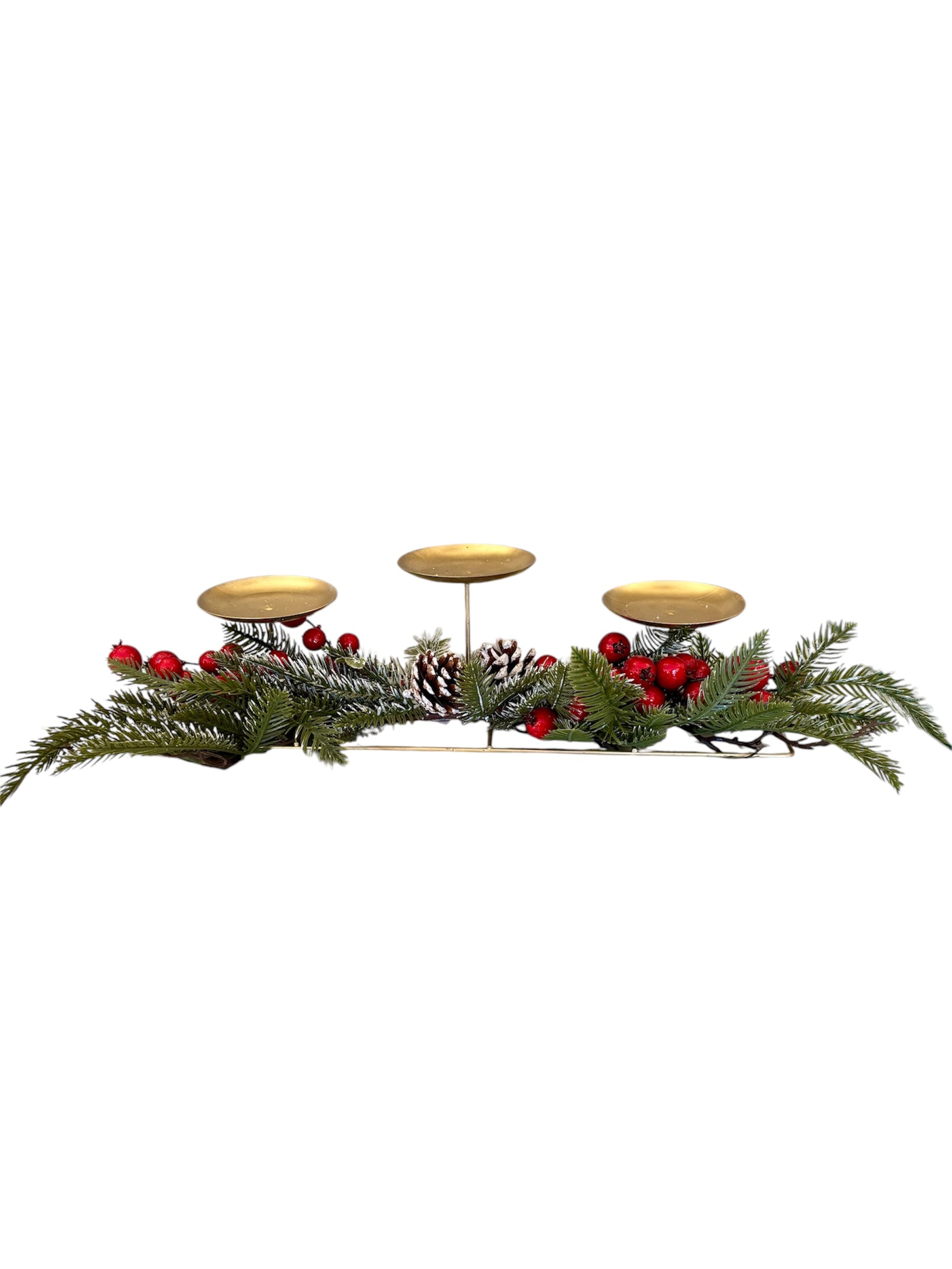 Porta Candela in Metallo Oro a Tre Fuochi con Decoro Natalizio