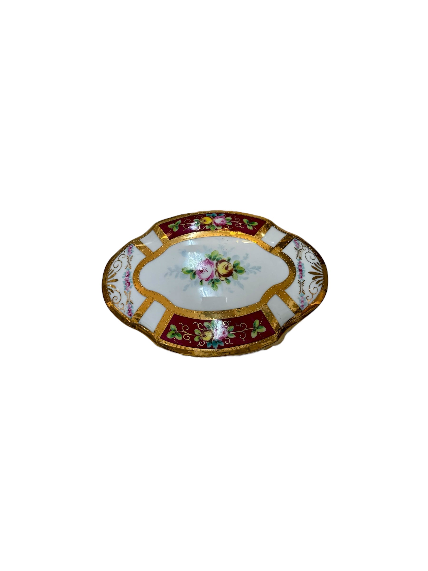 Portagioie in Porcellana Limoges con Fondo Bianco e Bordeaux