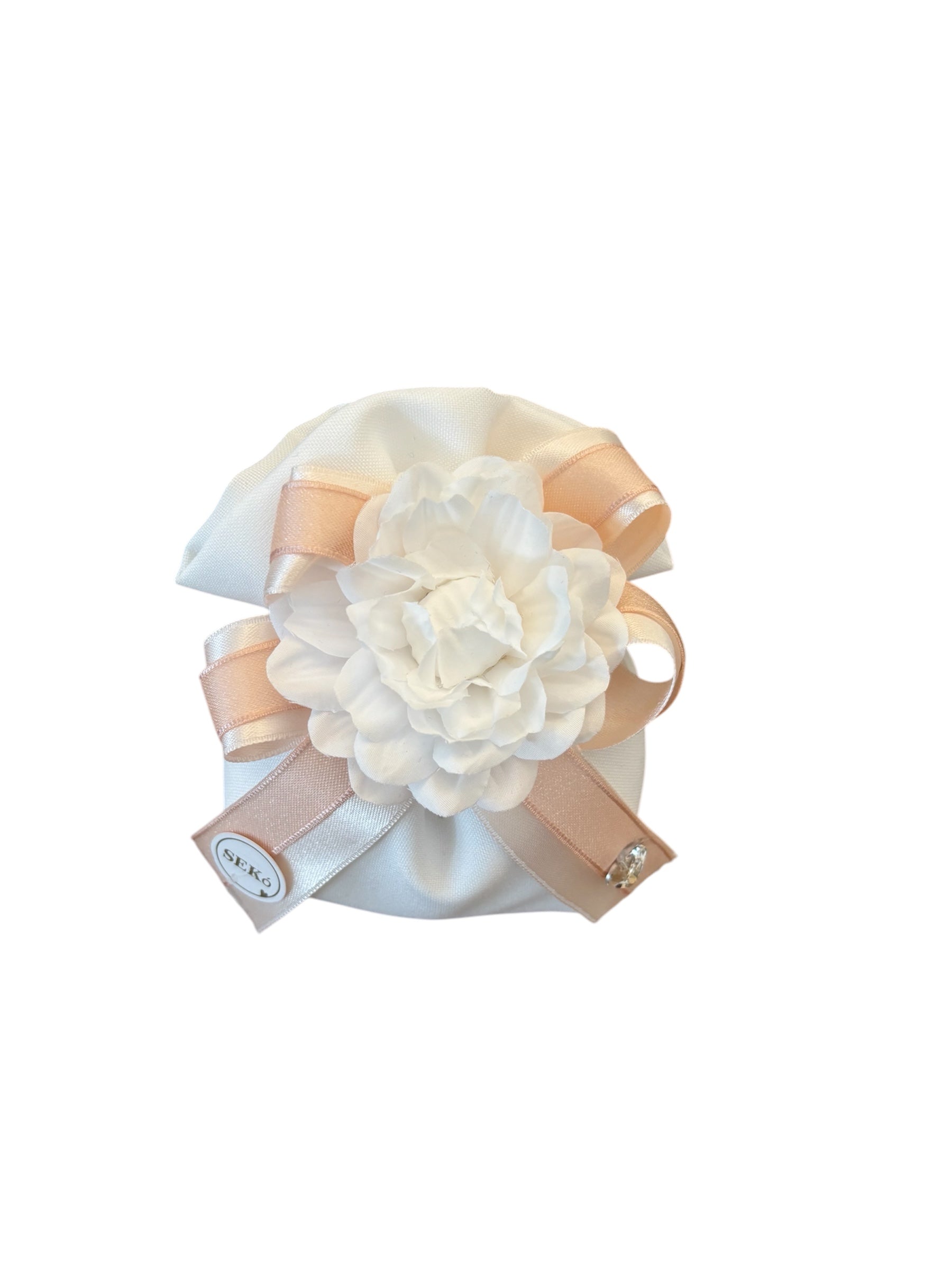 Sacchetto Elegante in Cotone Bianco con Fiocchi Rosa  e Peonia