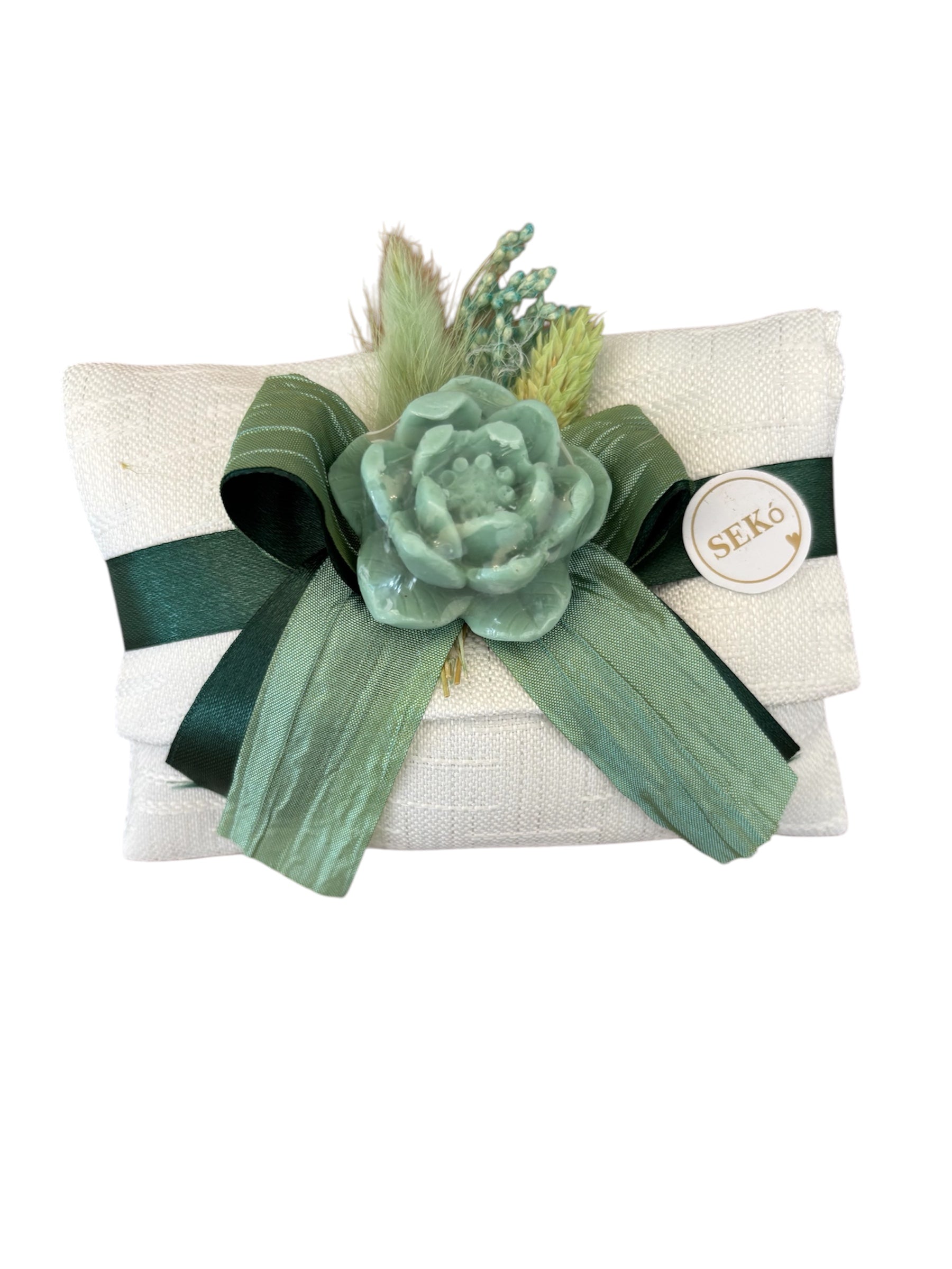 Saponetta a Forma di Fiore Verde Salvia con Pochette in Cotone