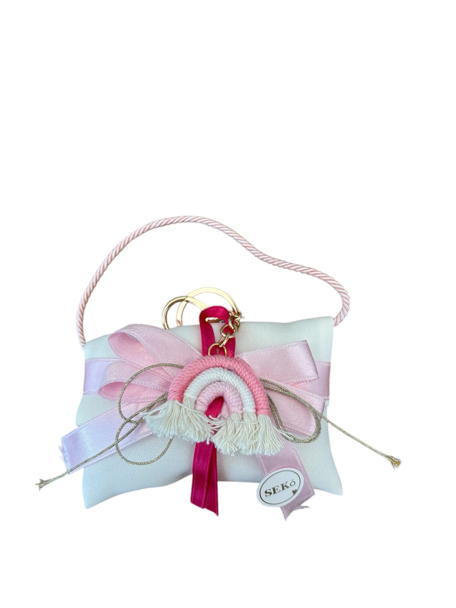 Pochette in Cotone Bianco con Fiocco Rosa e Portachiavi Arcobaleno