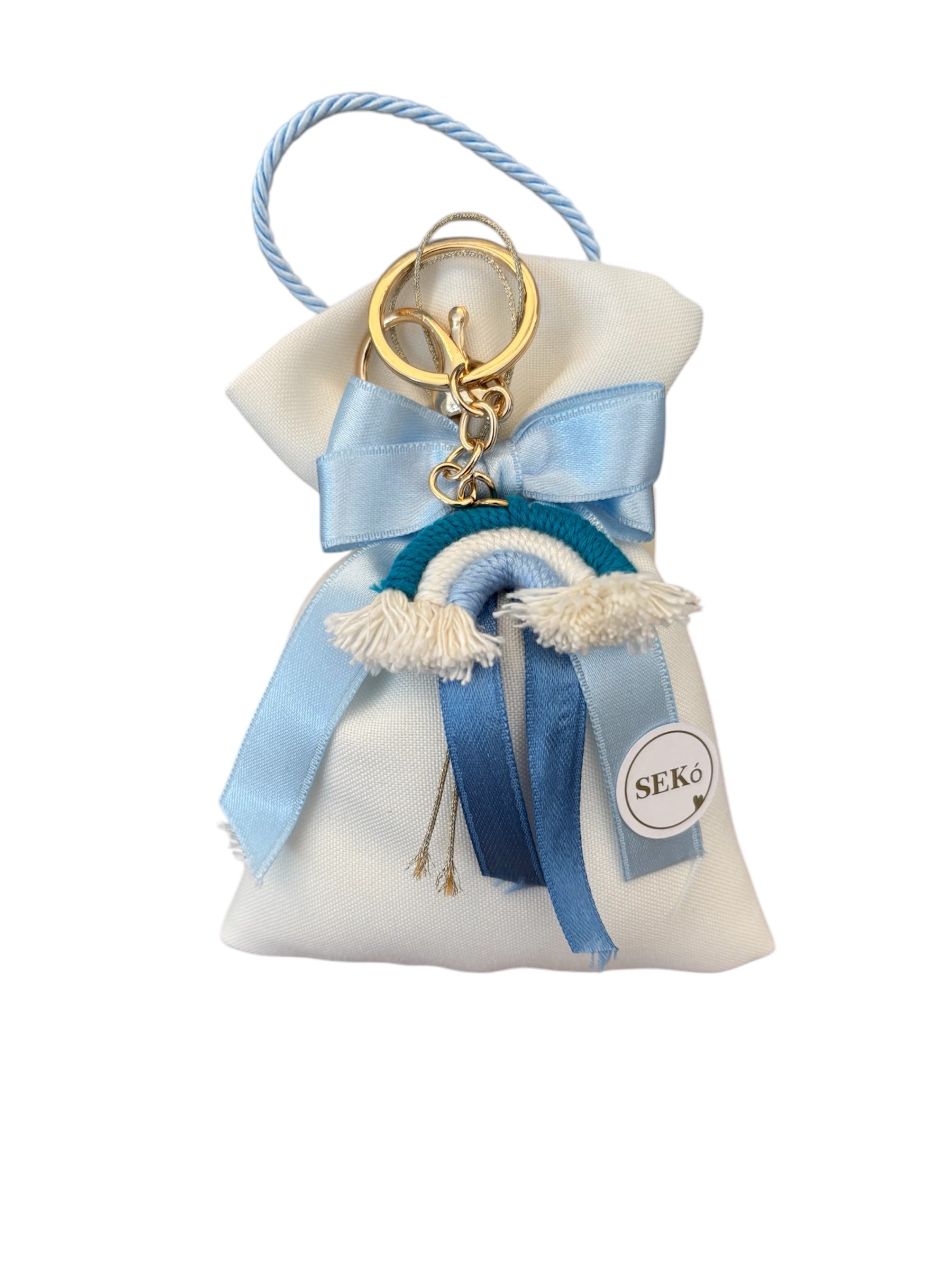 Sacchetto in Cotone Bianco con Fiocco Azzurro e Portachiavi Arcobaleno