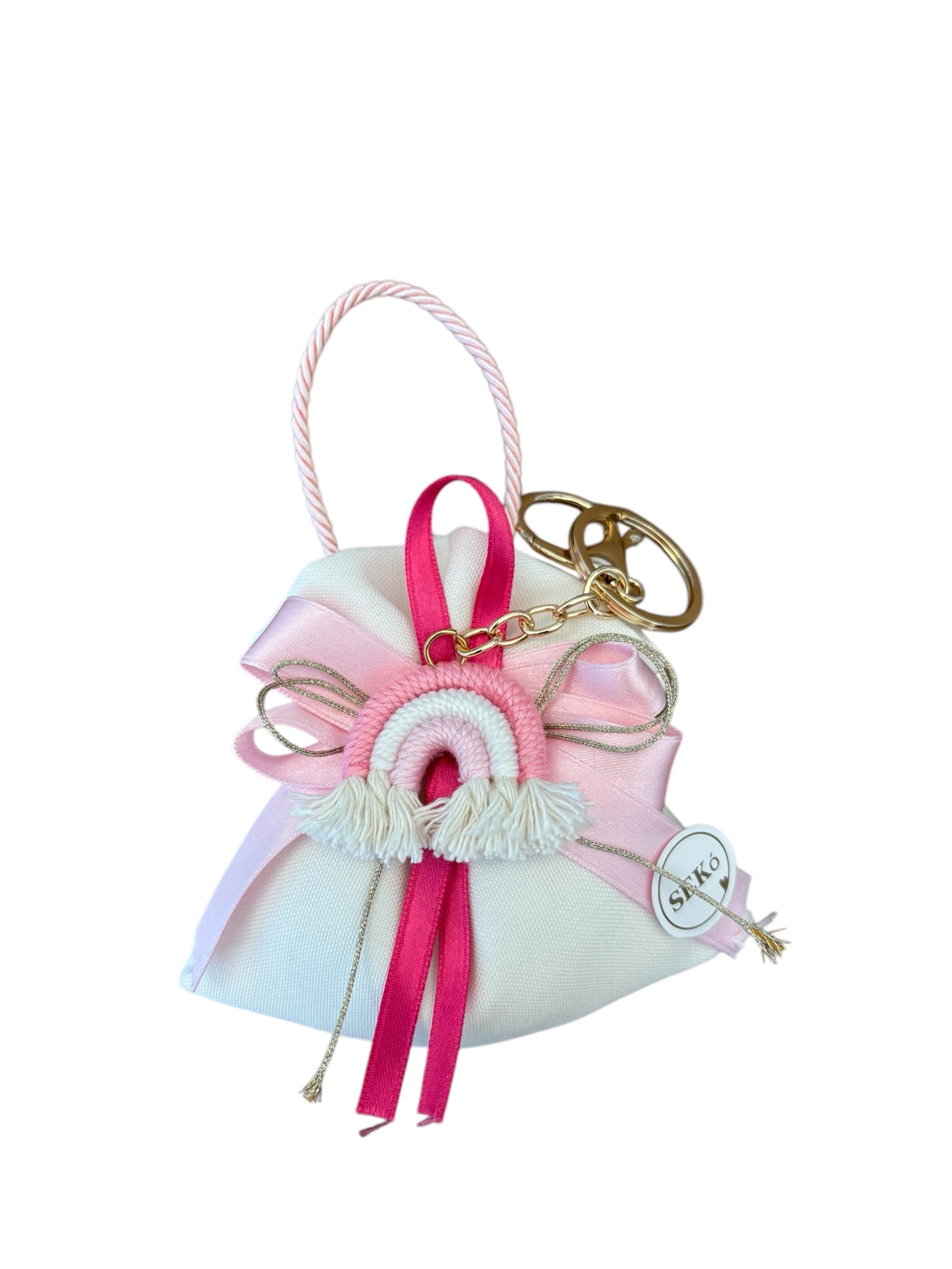 Sacchetto in Cotone Bianco con Fiocco Rosa e Portachiavi Arcobaleno