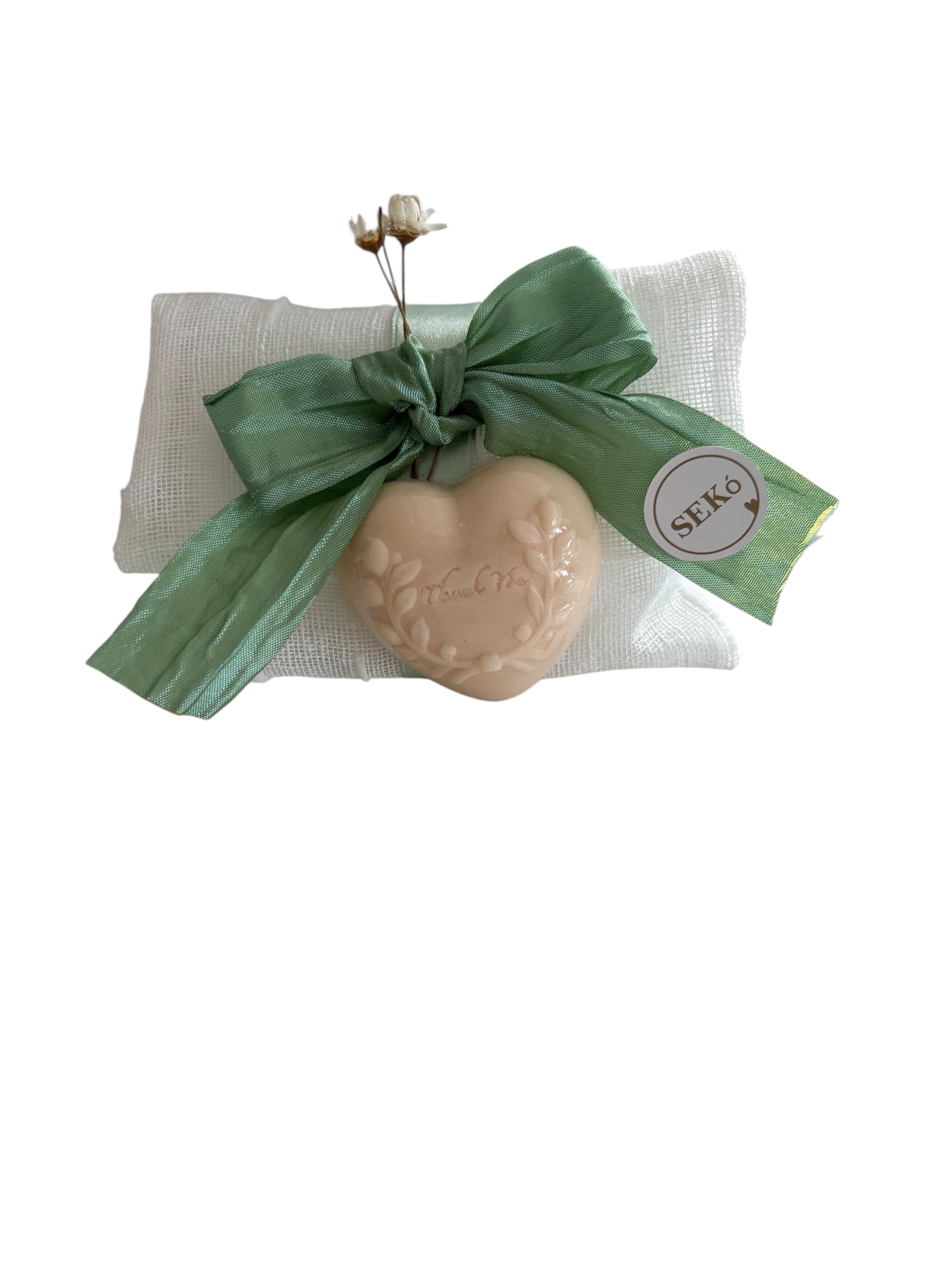 Pochette in Cotone Bianco con Fiocco Verde Menta e Saponetta Profumata