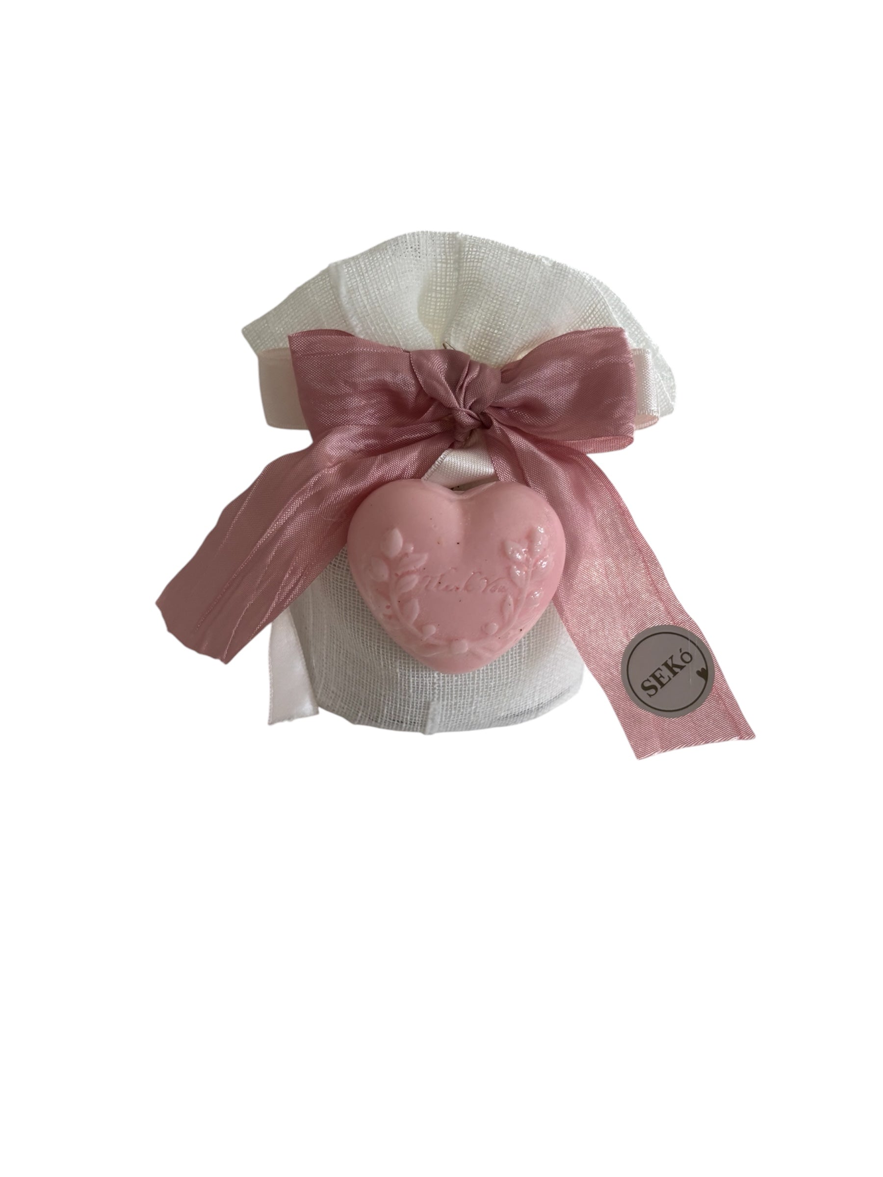 Sacchetto in Cotone Bianco con Fiocco Rosa e Saponetta Profumata