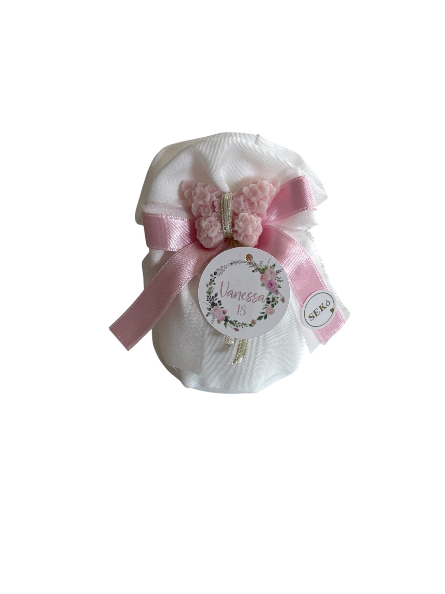 Sacchetto in Cotone Bianco con Fiocchi Rosa