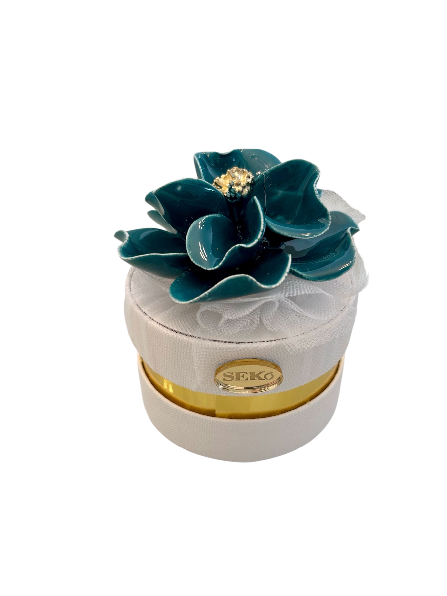 Scatolina Tonda con Tappo Decorativo in Capodimonte e Confetti