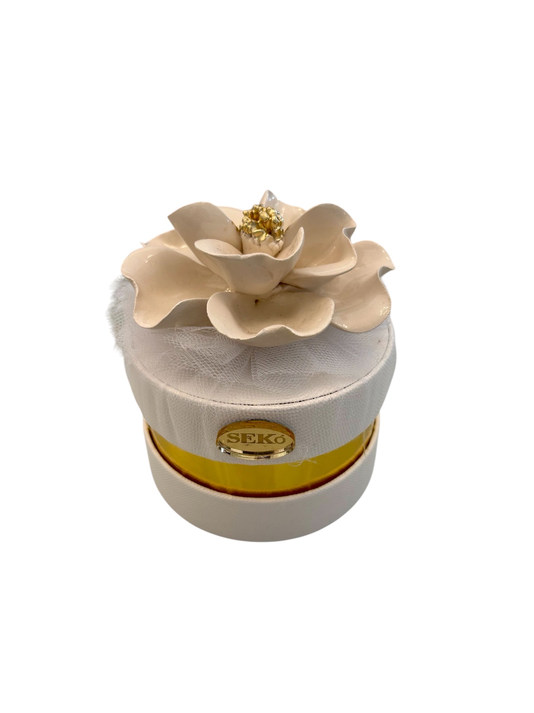 Scatolina Tonda con Tappo Decorativo in Capodimonte e Confetti