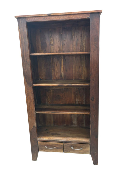 Libreria in Legno Sheesham Massello con 4 Ripiani e 2 Cassetti