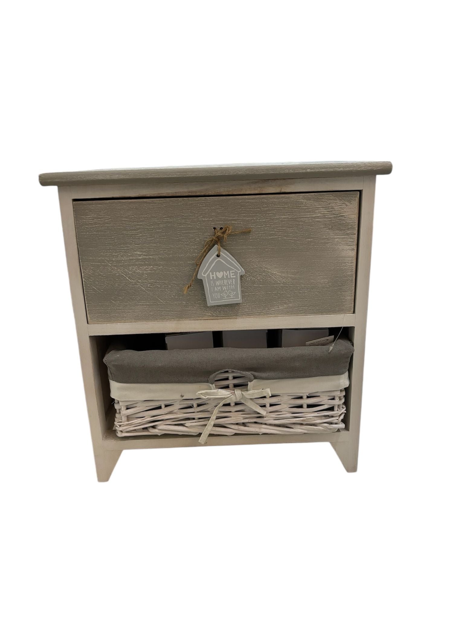 Mobiletto Basso con Cassetto e Cesto in Vimini – Stile Shabby Chic