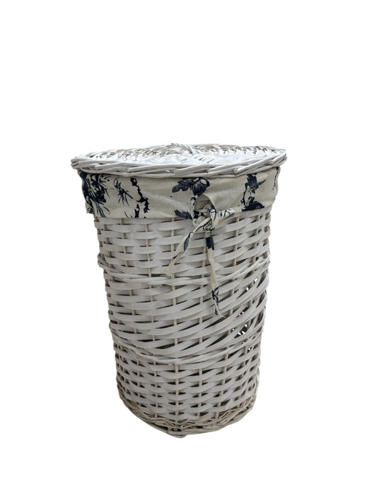 Cesta in Vimini Bianca con Coperchio e Rivestimento Floreale 40 h cm – Angelica Home