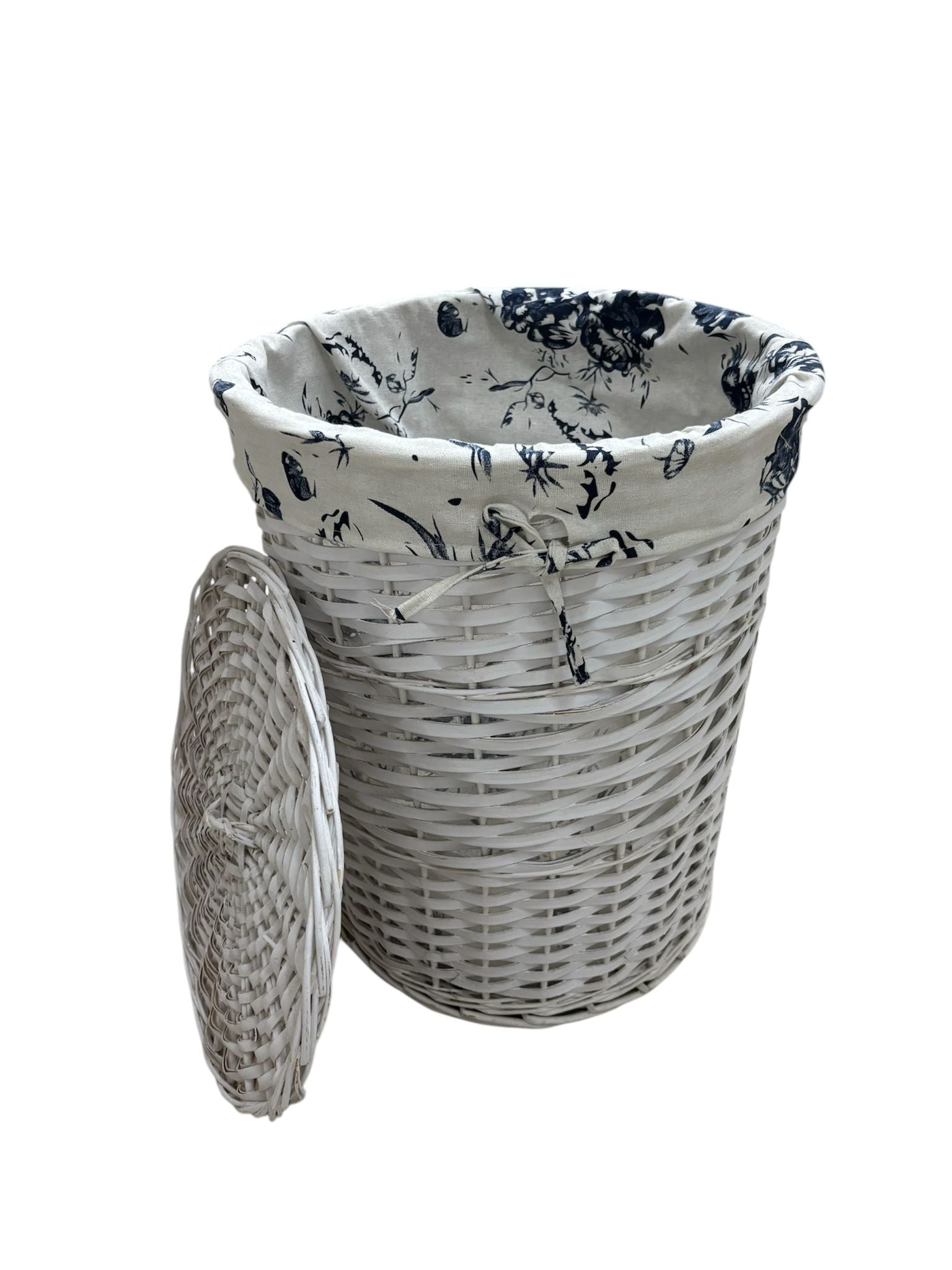 Cesta in Vimini Bianca con Coperchio e Rivestimento Floreale 48 h cm – Angelica Home