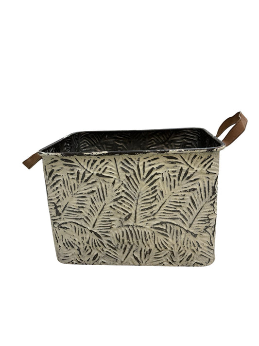 Cesta in Metallo Grigio con Disegni Etnici e Manici in Cuoio 36x30x27 h cm