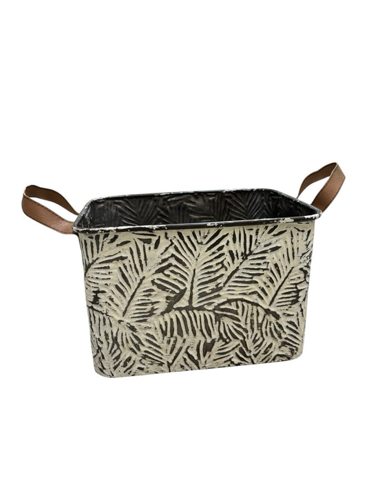 Cesta in Metallo Grigio con Disegni Etnici e Manici in Cuoio 30x25x23 h cm