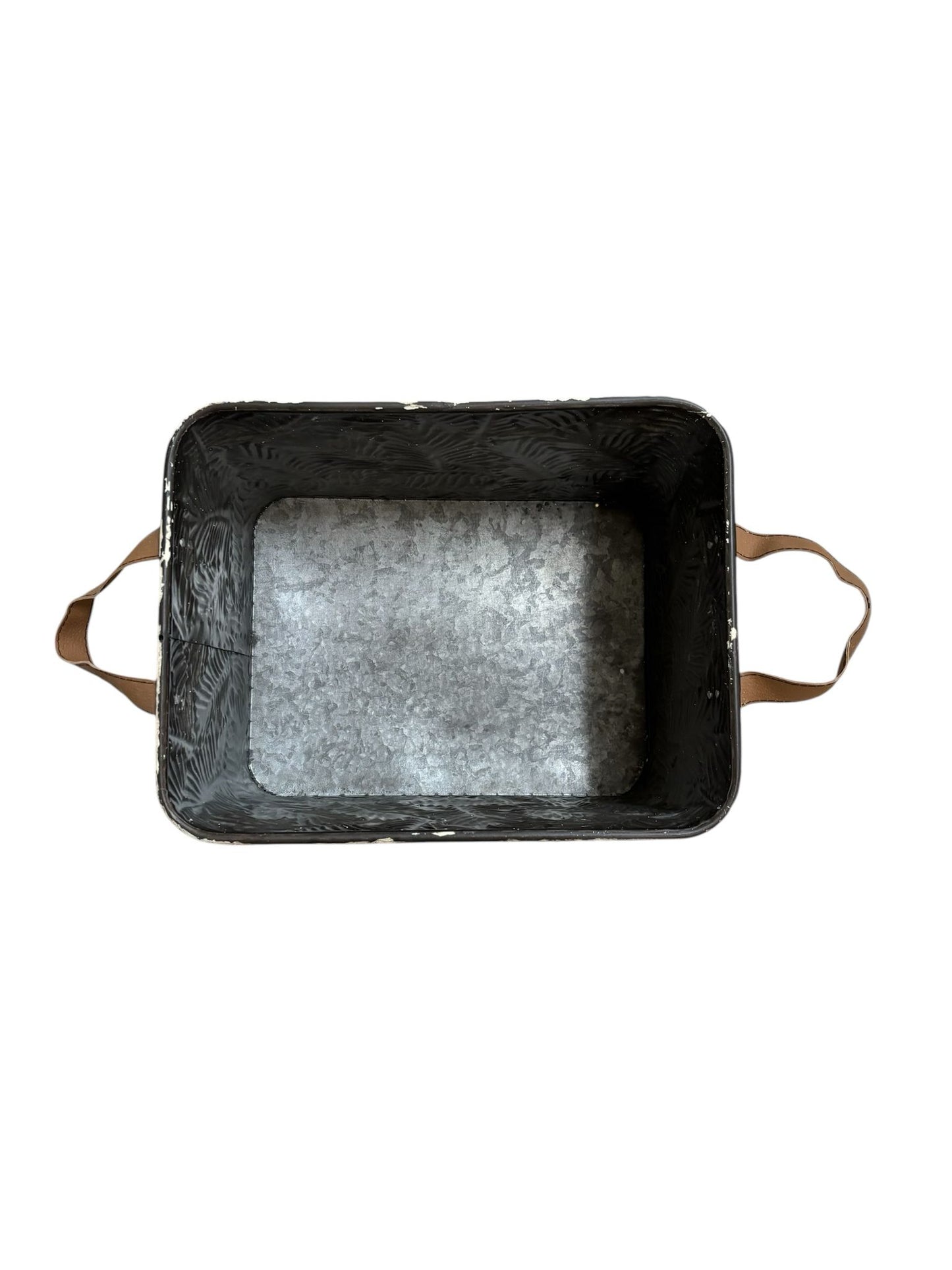Cesta in Metallo Grigio con Disegni Etnici e Manici in Cuoio 36x30x27 h cm