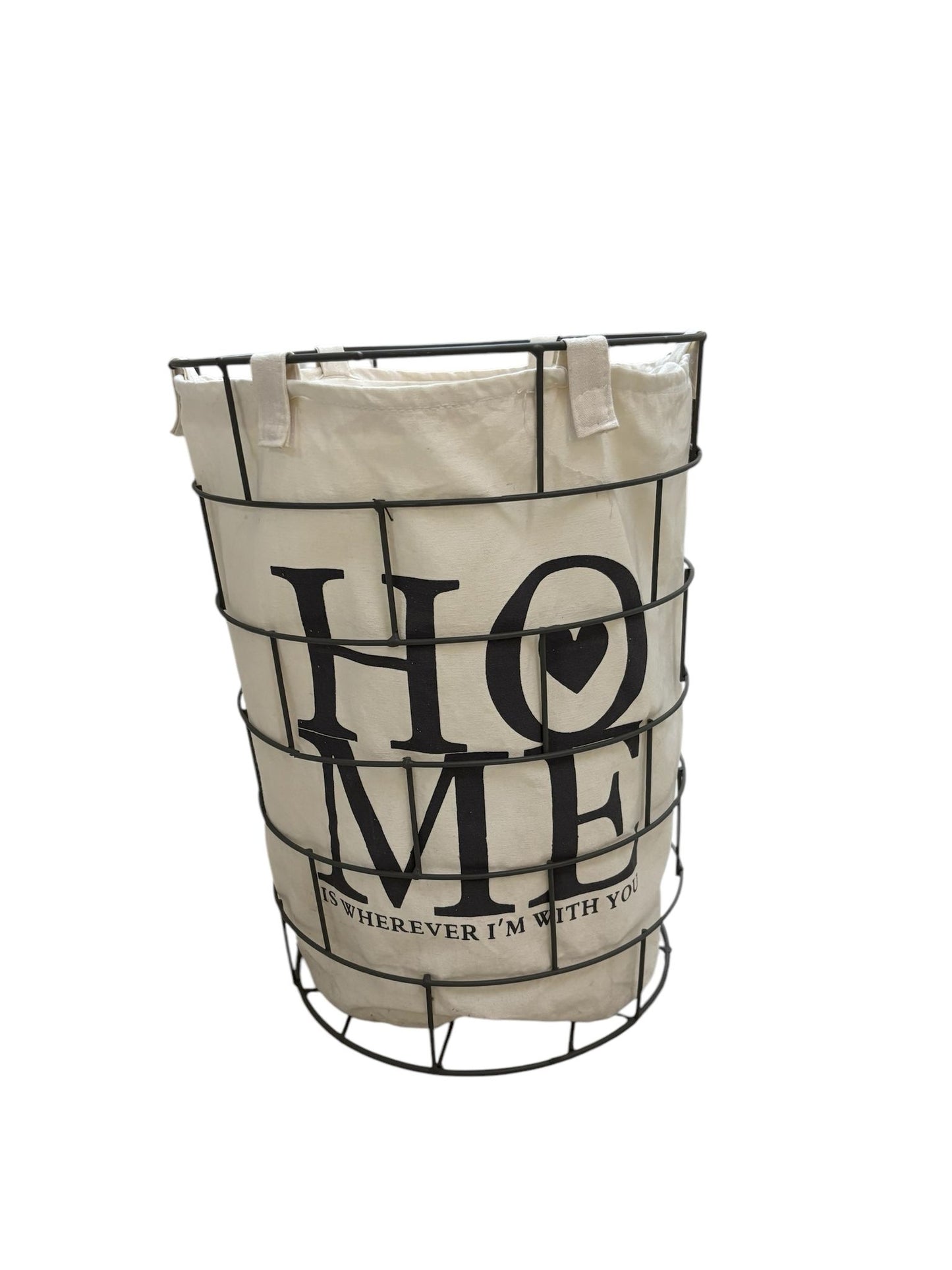 Cesta in Metallo Grigio Scuro con Sacco in Cotone e Scritta "Home" – In Art