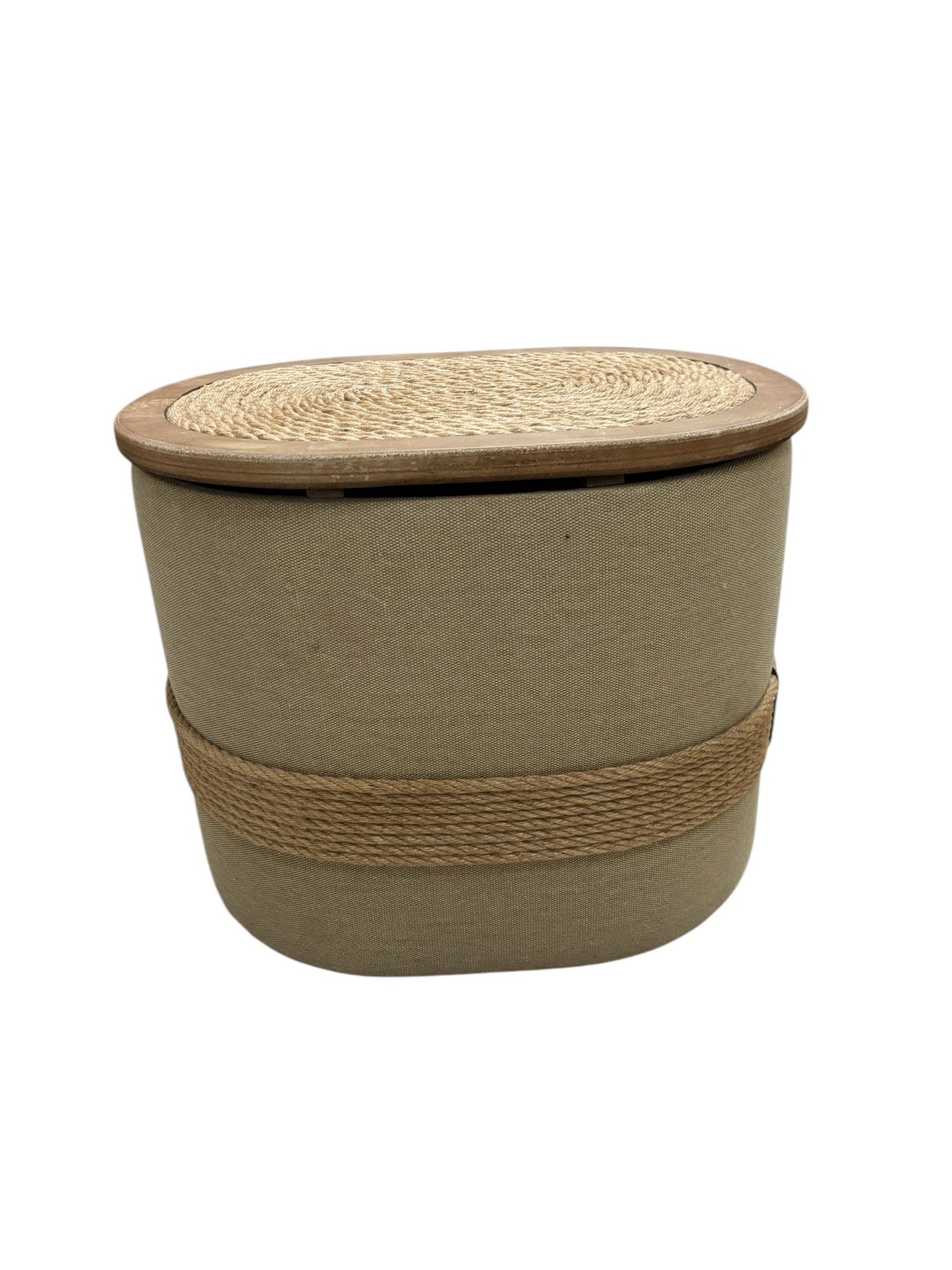 Pouf Contenitore in Legno Rivestito in Tessuto con Corda Decorativa – In Art