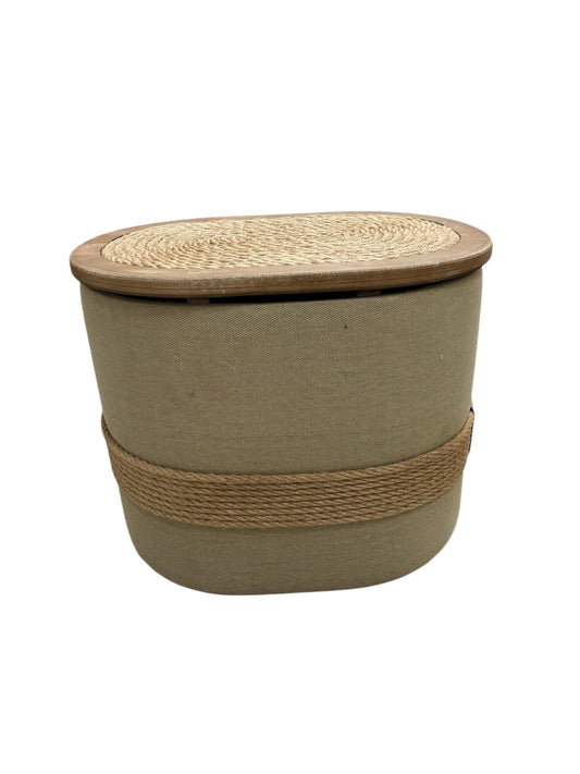 Pouf Contenitore in Legno Rivestito in Tessuto con Corda Decorativa – In Art