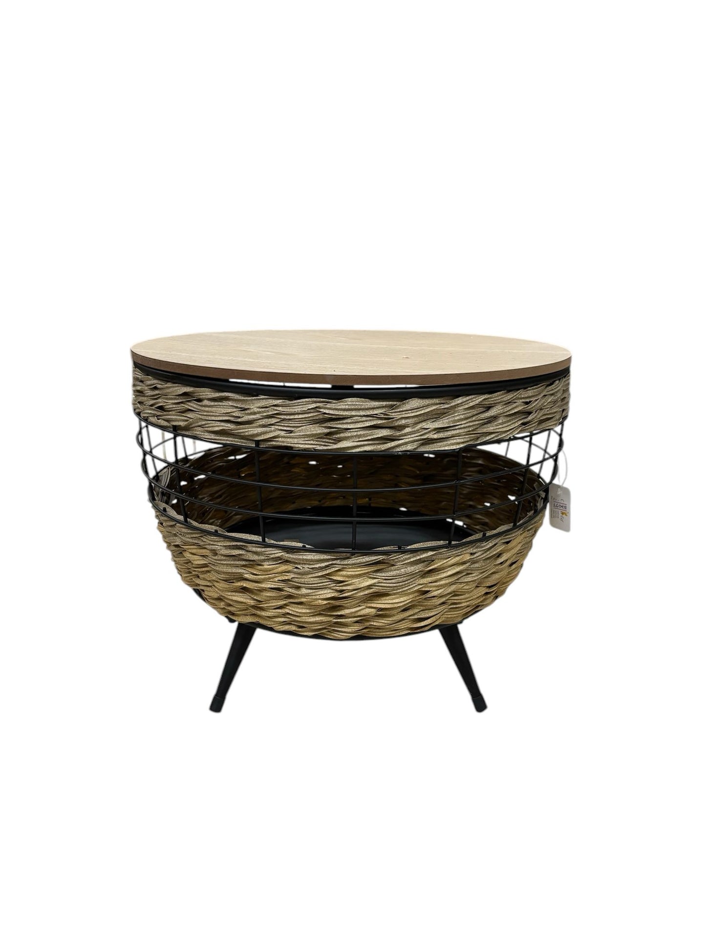 Tavolino Basso in Legno e Ferro con Inserti in Vimini – Clayre & Eef