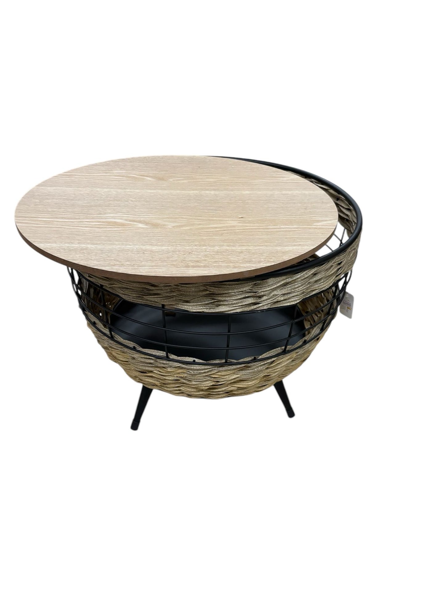 Tavolino Basso in Legno e Ferro con Inserti in Vimini – Clayre & Eef