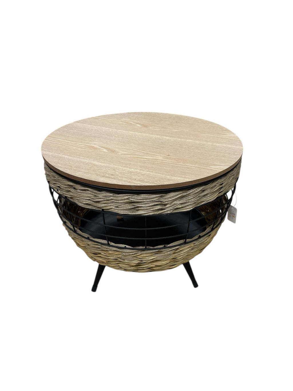 Tavolino Basso in Legno e Ferro con Inserti in Vimini – Clayre & Eef