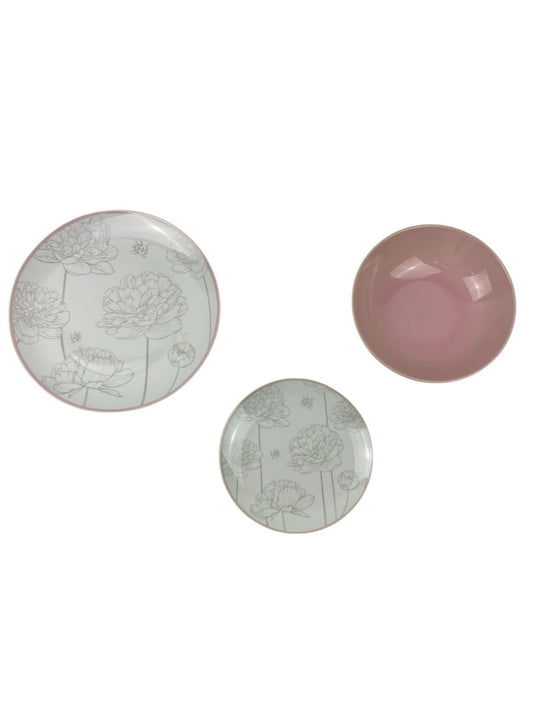 Servizio di Piatti 6 Posti in Ceramica Rosa e Tortora con Fiori – Henriette