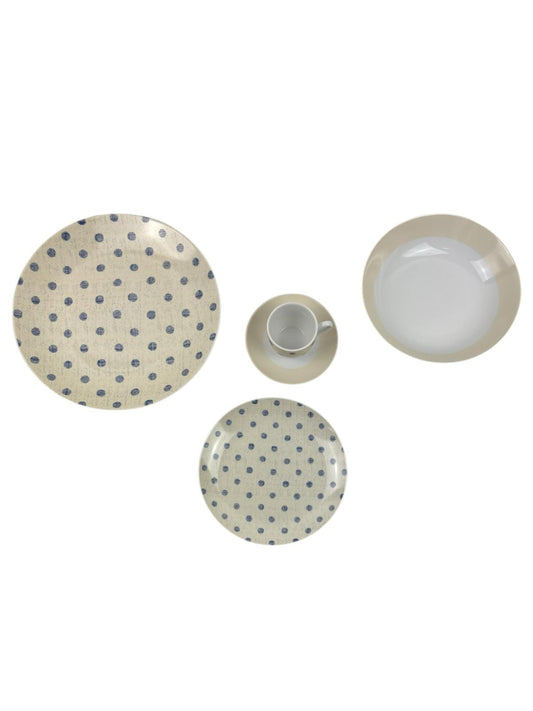Servizio di Piatti 12 Posti  in Ceramica "Sesamo" Beige con Pois Blu Jeans – Villa Altachiara