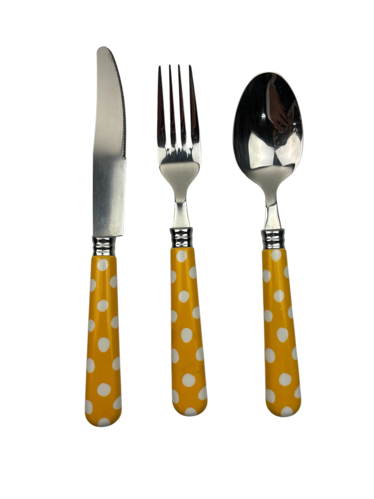 Set di 24 Posate in Acciaio Inox - Manico Giallo a Pois Bianchi