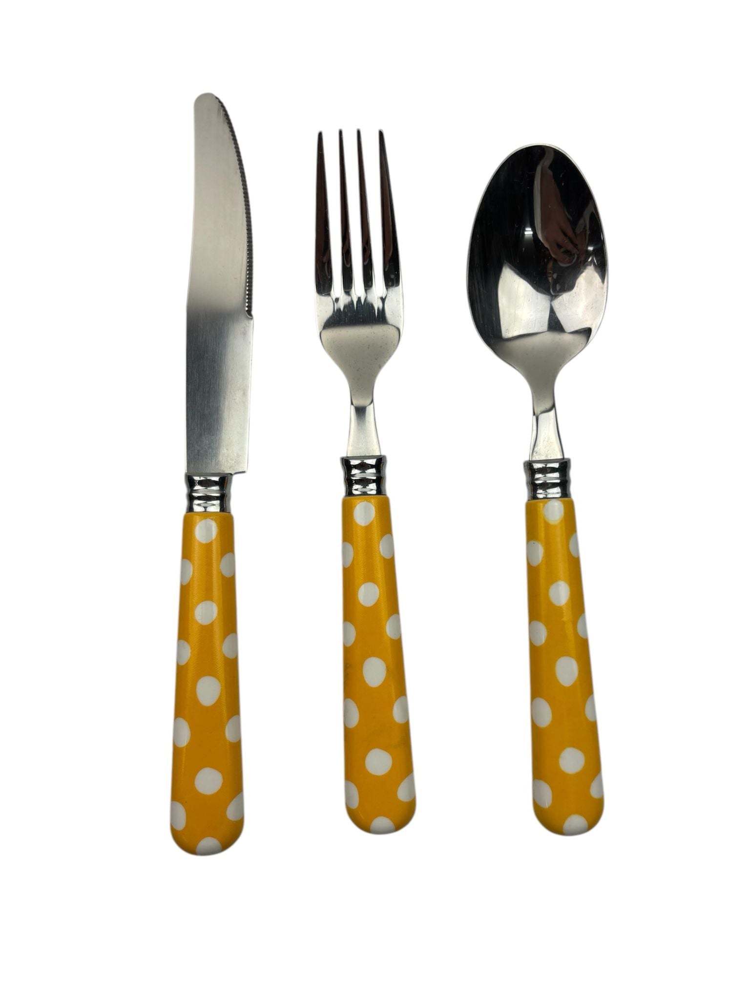 Set di 24 Posate in Acciaio Inox - Manico Giallo a Pois Bianchi